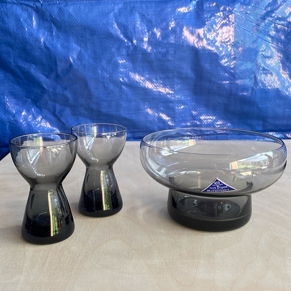 Mid Century Gray Smoke Glass Console Bowl and Taper Candle Holders Set, 1960s - Picture 1 of 7